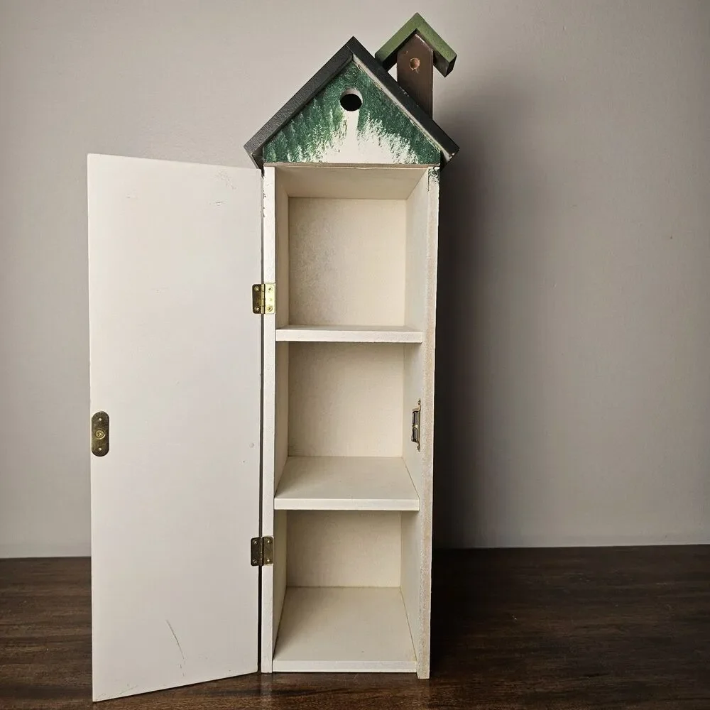 Vintage Hand Painted House-Shaped Curio Cabinet Folk Art Cottagecore 3 Shelves